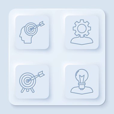 Hat başı avcılığı konsepti, içinde ekipman olan insan, oklu hedef ve ampullü insan kafası. Beyaz kare düğme. Vektör