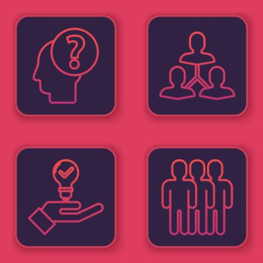 İnsan kafasını soru işareti, elinde ampul Proje ekibi üssü ve kullanıcı grubuyla ayarla. Mavi kare düğme. Vektör