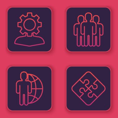 İçinde ekipman olan insan hattını ayarlayın. Globe ve insanlar, kullanıcı grubu ve bulmacanın bir parçası. Mavi kare düğme. Vektör