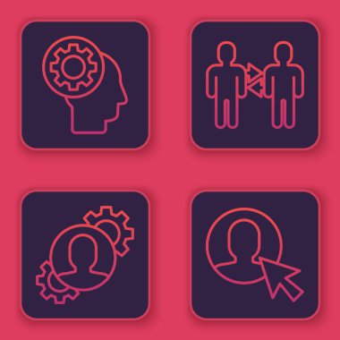 İçinde ekipman olan insan kafası, içinde teçhizat olan insan, Proje ekibi üssü ve takım elbiseli adam kullanıcısı. Mavi kare düğme. Vektör