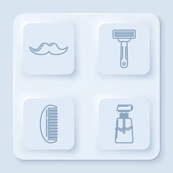 Definir linha de bigode, navalha de barbear, escova de cabelo e creme ou loção tubo cosmético. Botão quadrado branco. Vetor —  Vetores de Stock