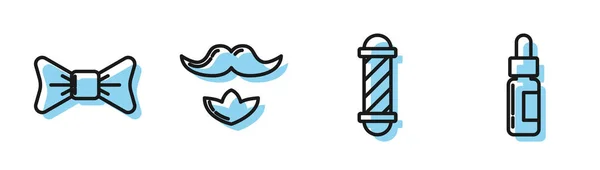 Set line Classic Barber shop pole, Bow tie, Mustache and beard and Glass bottle with a pipette icon. Vector — Stock Vector