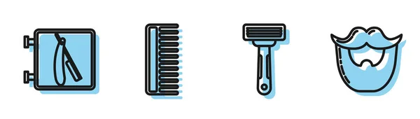 Tıraş bıçağı, jilet dükkanı, saç fırçası, bıyık ve sakal ikonu. Vektör — Stok Vektör