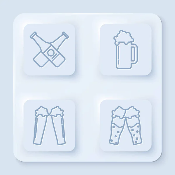 Definir linha Cruzado garrafa de cerveja, Copo de cerveja, Copo de cerveja e Copo de cerveja. Botão quadrado branco. Vetor — Vetor de Stock