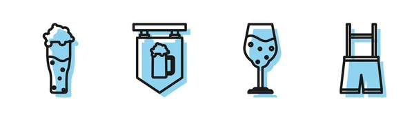 Set line Glass of beer, Glass of beer, Street signboard with glass of beer and Lederhosen icon. Vector — Stock Vector