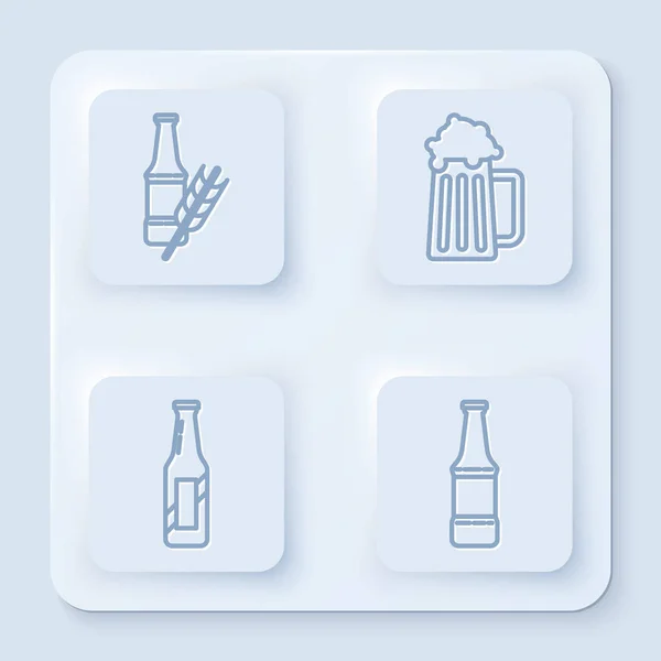 ラインを設定ビールボトル、木製のビールマグカップ、ビールボトルとビールボトル。白い四角形のボタン。ベクトル — ストックベクタ