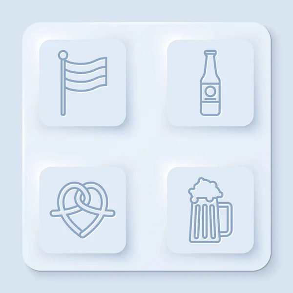 Definir linha bandeira nacional da Alemanha, garrafa de cerveja, Pretzel e caneca de cerveja de madeira. Botão quadrado branco. Vetor — Vetor de Stock