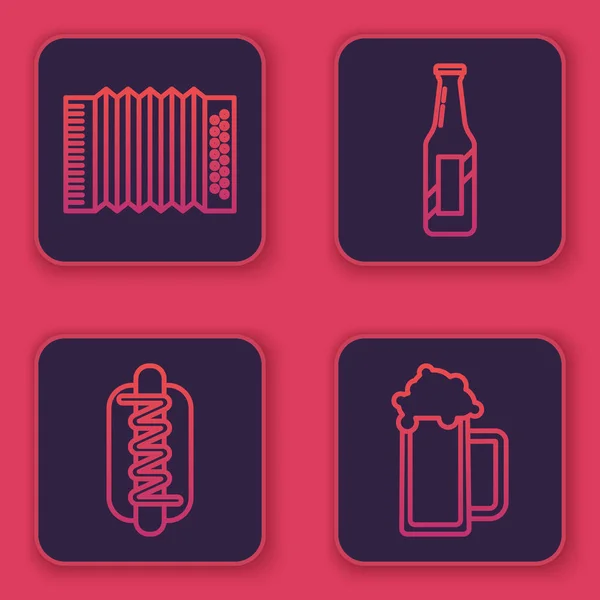 Set line Musical instrument accordion, Hotdog sandwich with mustard, Beer bottle and Glass of beer. Blue square button. Vector — 스톡 벡터