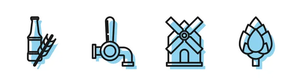 Set line Windmill, Beer bottle, Beer tap and Hop icon. Vector — Stock Vector