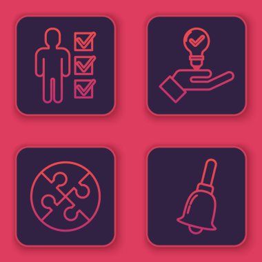 Satır Kullanıcı takım elbise, yapboz parçası, elinde ampul ve zil. Mavi kare düğme. Vektör