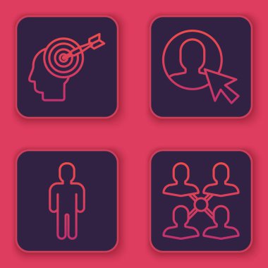 Çizgi başı avcılığı konsepti, takım elbiseli adam kullanıcısı, takım elbiseli adam ve Proje ekibi üssü. Mavi kare düğme. Vektör