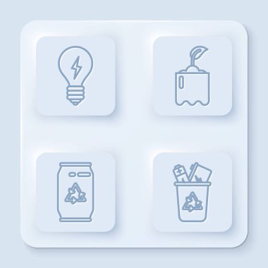 Ampulü yıldırım sembolüyle, filizlenmeyi şişeyle, konserve kutusunu geri dönüşüm sembolüyle ve çöp kutusunu geri dönüşüm sembolüyle ayarla. Beyaz kare düğme. Vektör