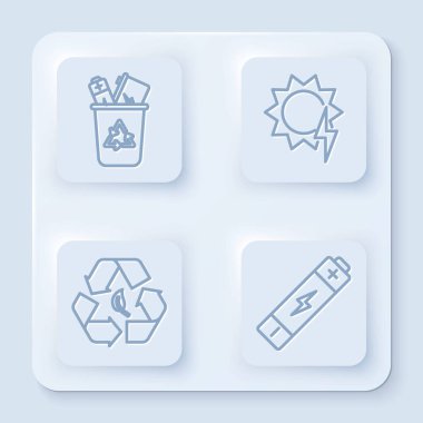 Geri dönüşüm sembolü, güneş enerjisi paneli, geri dönüşüm sembolü, yaprak ve pil ile geri dönüşüm kutusunu ayarla. Beyaz kare düğme. Vektör