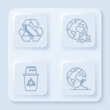 Plastik şişe, gezegen ve geri dönüşüm hattı, geri dönüşüm kutusu, geri dönüşüm sembolü ve konserve kutusu ve Dünya küresi ve bitki. Beyaz kare düğme. Vektör