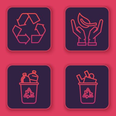 Filiz hattını çevre koruma ve geri dönüşüm sembolüyle birlikte geri dönüşüm kutusuna ayarlayın. Mavi kare düğme. Vektör