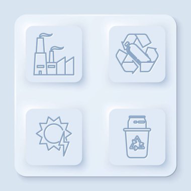 Fabrika hattını, plastik şişeyi, güneş enerjisi panelini ve geri dönüşüm kutusunu geri dönüşüm sembolü ve kutusuyla ayarla. Beyaz kare düğme. Vektör