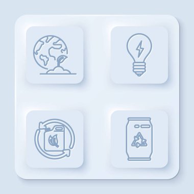 Yerküre ve bitki hattını, yıldırım sembollü ampulü, biyoyakıt tüpünü ve teneke kutuyu geri dönüşüm sembolü ve kutusuyla ayarla. Beyaz kare düğme. Vektör