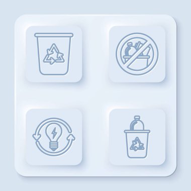 Çizgiyi ayarla Çöp yok, Geri Dönüşüm Ampul ve yıldırım sembolü ve geri dönüşüm sembolü ile geri dönüşüm kutusu. Beyaz kare düğme. Vektör