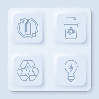 Geri dönüşüm kutusunu geri dönüşüm sembollü geri dönüşüm kutusunu geri dönüşüm sembollü pili ve yıldırım sembollü ampulü ayarla. Beyaz kare düğme. Vektör