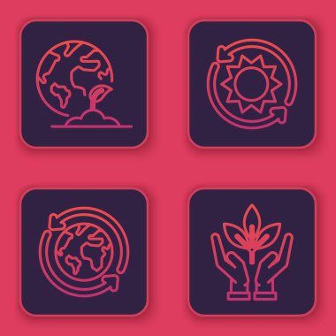 Yerküre ve bitki hattı, Dünya gezegeni ve geri dönüşüm, güneş enerjisi paneli ve bitkiyi çevreyi korumak için hazırlayın. Mavi kare düğme. Vektör