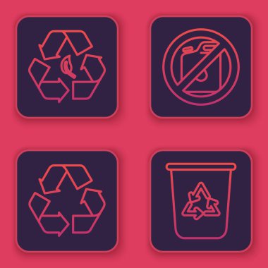 Çizgi geri dönüşüm sembolü ve yaprak, geri dönüşüm sembolü benzin kutusu ve geri dönüşüm sembolü olmayan geri dönüşüm kutusu ayarla. Mavi kare düğme. Vektör