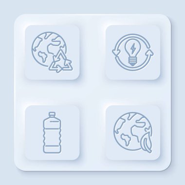 Gezegen çizgisi, geri dönüşüm, geri dönüşüm, yıldırım sembollü ampul, plastik şişe ve Dünya küresi ve yaprak. Beyaz kare düğme. Vektör