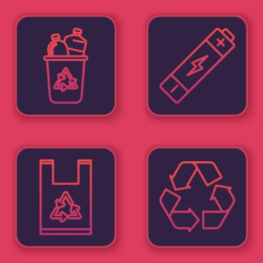 Geri dönüşüm sembollü sıra geri dönüşüm kutusunu, geri dönüşümlü plastik torbayı, pili ve geri dönüşüm sembolünü ayarla. Mavi kare düğme. Vektör