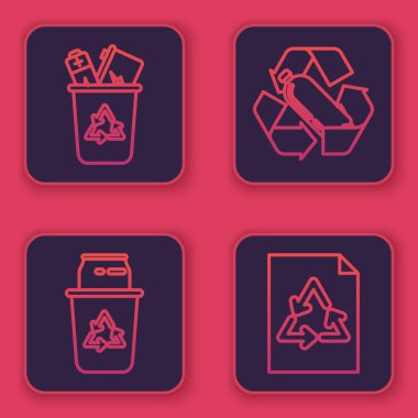 Geri dönüşüm kutusunu geri dönüşüm sembolü ve kutusuyla, plastik şişe ve kağıt geri dönüşüm kutusuyla ayarla. Mavi kare düğme. Vektör