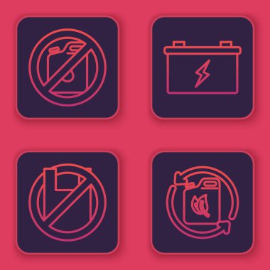 Hattı ayarla benzin için tüp yok, plastik torba posterine, araba aküsüne ve biyo yakıt kutusuna hayır de. Mavi kare düğme. Vektör