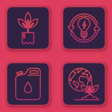 Hattı şişeye yerleştir, benzin bidonu, geri dönüşüm tüpü, yıldırım sembollü ampul ve Dünya küresi ve bitki. Mavi kare düğme. Vektör