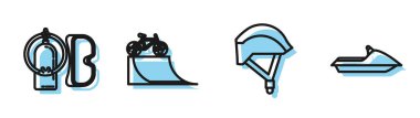 Bisiklet kaskı, dalış maskesi, su bisikleti, sokak rampasında bisiklet ve jet ski ikonu. Vektör