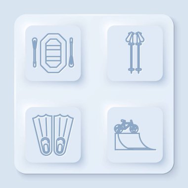 Rafting teknesi, kayak direkleri, yüzmek için lastik yüzgeçler ve sokak rampasında bisiklet. Beyaz kare düğme. Vektör