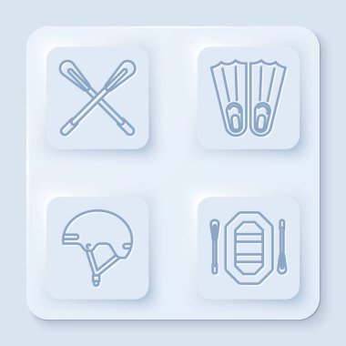 Çizgi çapraz kürek, yüzmek için lastik paletler, miğfer ve rafting botu. Beyaz kare düğme. Vektör