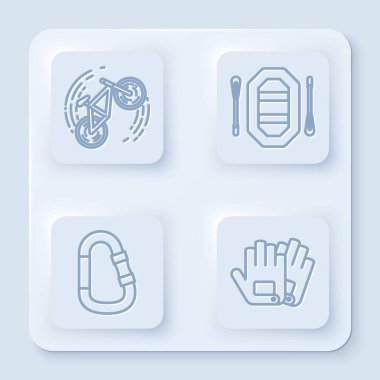 Bisiklet numarası, Rafting botu, Karabinalı ve Eldivenli. Beyaz kare düğme. Vektör