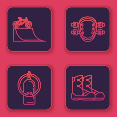 Bisikletle sokak rampasına, Aqualung 'a, diz kapaklarına ve botlara hat çiz. Mavi kare düğme. Vektör