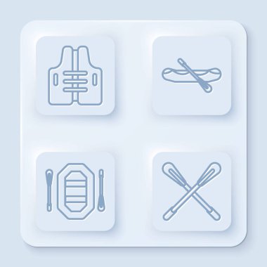 Can yeleği, Rafting botu, Rafting botu ve Crossed paddle. Beyaz kare düğme. Vektör