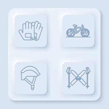 Çizgi, bisiklet, bisiklet, bisiklet kaskı, kayak ve sopalar. Beyaz kare düğme. Vektör