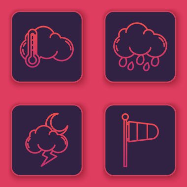 Hat termometresi ve bulut, fırtına, yağmurlu bulut ve koni meteoroloji rüzgar gülünü ayarlayın. Mavi kare düğme. Vektör