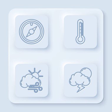 Rüzgar hızı, termometre, rüzgarlı hava ve fırtına. Beyaz kare düğme. Vektör