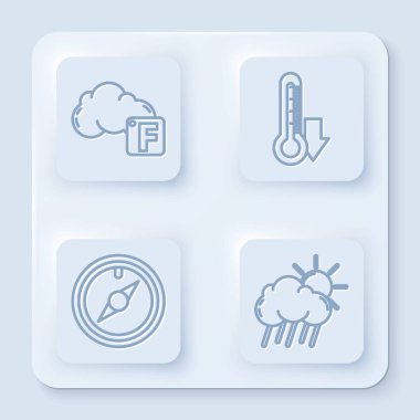 Fahrenheit ve bulut hattı, Termometre, Rüzgar ve Bulut yağmur ve güneş ile yükseldi. Beyaz kare düğme. Vektör