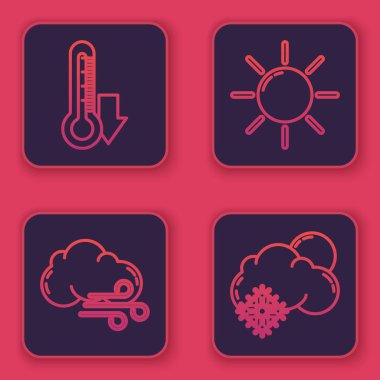 Hat termometresi, rüzgarlı hava, kar ve güneşli güneş ve bulut. Mavi kare düğme. Vektör