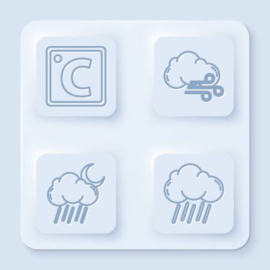 Celsius hattını, rüzgarlı havayı, yağmurlu bulutu, yağmurlu ayı ve yağmurlu bulutu ayarla. Beyaz kare düğme. Vektör