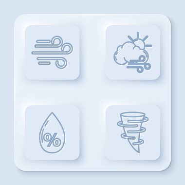Rüzgar, rüzgarlı hava, su damlası yüzdesi ve kasırga ayarlayın. Beyaz kare düğme. Vektör