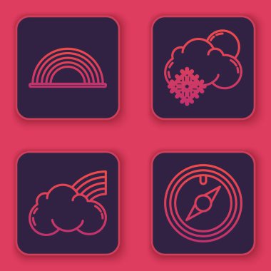 Gökkuşağını bulutlarla, Gökkuşağını bulutlarla, Bulutu karla, güneşle ve rüzgarla ayarla. Mavi kare düğme. Vektör