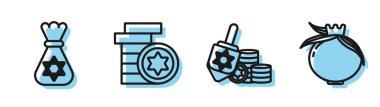 Hanukkah dreidel ve madeni para, Yahudi para çantası, Yahudi parası ve nar ikonu. Vektör