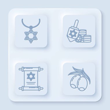 Davut 'un Yıldızı kolyesini zincirle, Hannukah dreidel ve para, Tevrat parşömeni ve zeytin dalı. Beyaz kare düğme. Vektör