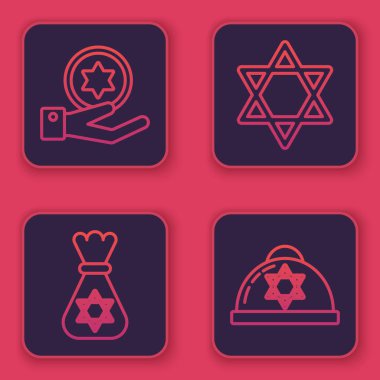 Yahudi parası, David 'in yıldızı Yahudi para çantası, David' in yıldızı ve David 'in yıldızı Yahudi kippah. Mavi kare düğme. Vektör