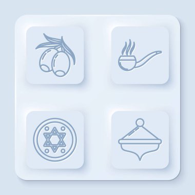 Safları belirle, zeytin dalı, dumanlı pipo, Yahudi parası ve Hanukkah dreidel. Beyaz kare düğme. Vektör