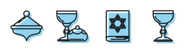 Yahudi torah kitabı, Hanuka dreidel, Yahudi kadehi ve Hanuka sufganiyot ve Yahudi kadeh ikonu. Vektör