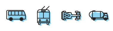 Formula yarış arabası, otobüs, Trolleybus ve Tanker kamyon ikonu ayarlayın. Vektör